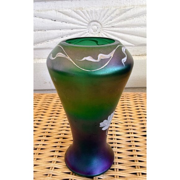 Antique 1910 Poschinger Nouveau Bohemian Green Purple Glass Vase - Picture 14 of 16